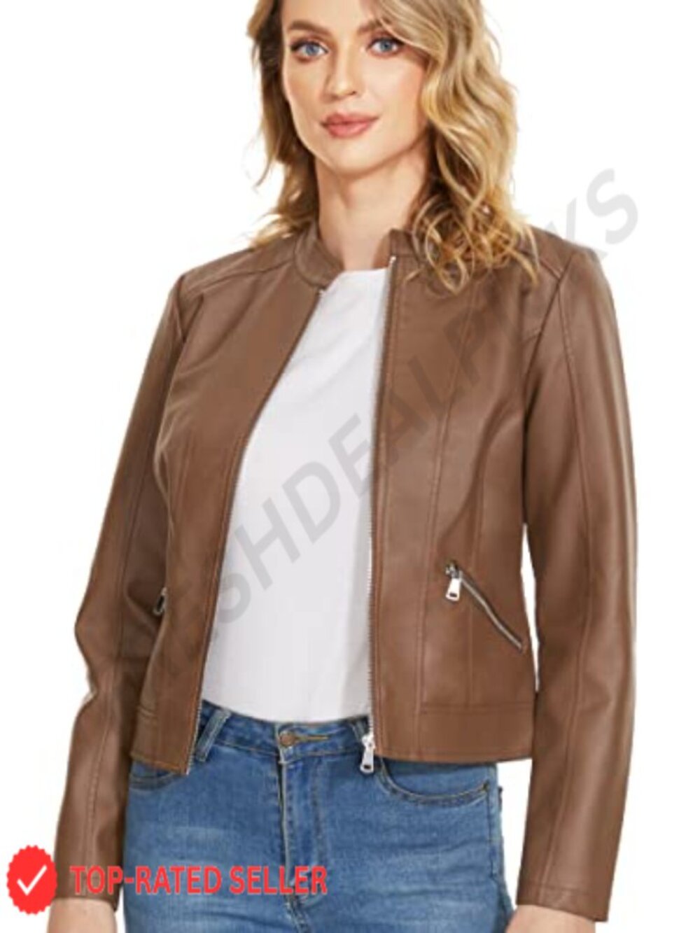Faux Leather Moto Biker Jacket Zip Up Stand Collar Fitted Coat